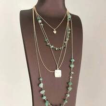 1pc Light Green Asymmetrical Multi-Layer Long Necklace With Gold Square Pendant, Cool Atmosphere Women's Accessory, Suitable For Vacation, Commuting, Daily Minimalist Outfit - Multicolor - View 4