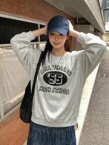 Solid Color Vintage Print Crew Neck Sweatshirt For Women - Grey - View 7