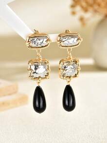 1 Pair Vintage Geometric Silver Square & Black Teardrop Pendant Earrings, Elegant Luxury Style For Women, Evening Party Jewelry - Multicolor - View 5