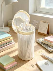 Minimalist Transparent Mesh Large Capacity Pencil Case, Flip Cover Solid Color Pen Bag, Portable Stationery Storage Bag - Multiple Styles - View 8