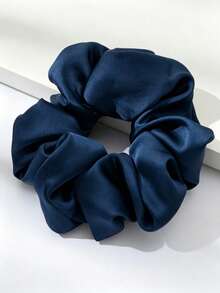 1pc Women's Minimalist Fashionable Oversized Satin Scrunchie, Solid Color Elegant Hair Accessory - Navy Blue - View 4