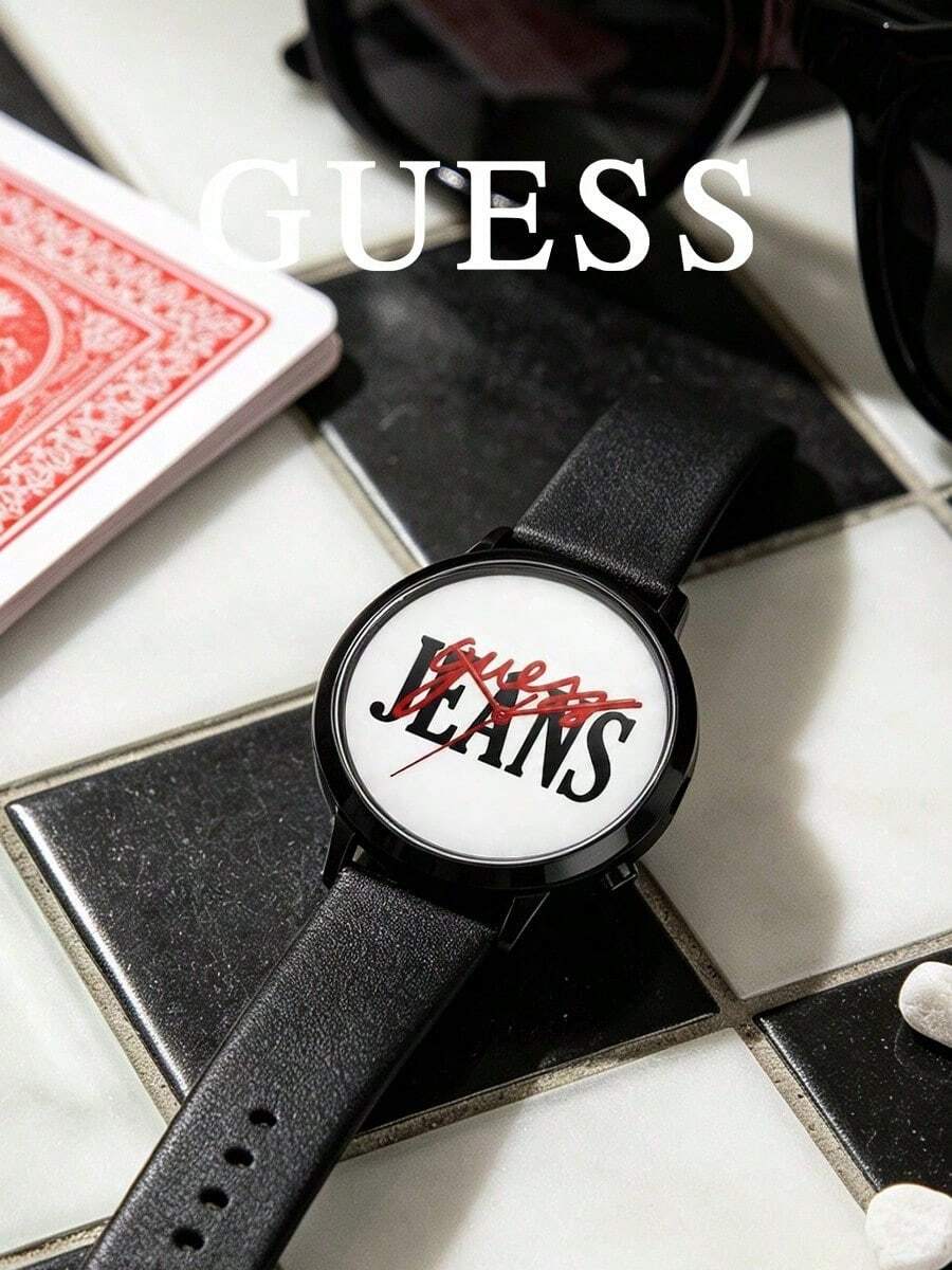 GUESS 中性復古三角問號 Logo 系列手錶,圓盤面壓紋 Logo,多色矽膠錶帶,休閒街頭風石英腕錶 - 白色 - 查看 1
