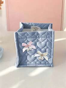 Heart-Shaped Quilted Fabric Storage Basket With Pearl Bow, Desktop Makeup Bag, Cute Bow Storage Box, Makeup Brush Holder, Stationery Organizer, Birthday Gift - Multicolor - View 16