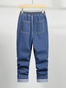 Youth Boy Vintage Collegiate Style Elastic Waist Washed Dark Blue Denim Jeans - Blue - View 2