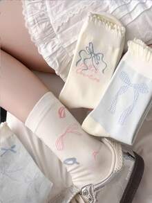 4 Pairs Blue Bow White Ruffle Mid-Calf Socks, Women's Socks, Sweet And Cute Socks, Student Socks, Preppy Design, Suitable For All Seasons, Christmas Gift - Multicolor - View 6