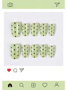 30片Y2K短橢圓貓眼穿戴甲，草綠色波點圖案壓克力假指甲套組，含1片果凍膠與1片指甲锉 - 彩色 - 查看 2
