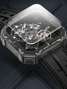 Men's Automatic Mechanical Skeleton Watch, Black Or Silver Stainless Steel Case, Luminous Dial, Waterproof, Rubber Strap, 4001 - 4001 - View 4