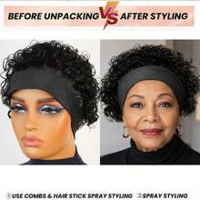 AMECIRE Curly Wig Headband Wig African-Style Wigs Human Hair Wigs Pixie Cut Wig Black Short Hair Wig Elastic Mesh Cap Suitable For Everyday Wear And Holidays - Natural Black - View 4