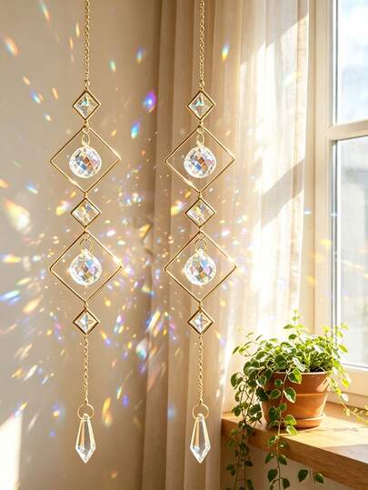 2pcs Geometric Crystal Suncatcher Prism Window Hanging, Boho Multicultural Light Catcher For Bedroom, Living Room, Balcony, Garden Or Porch Decor.