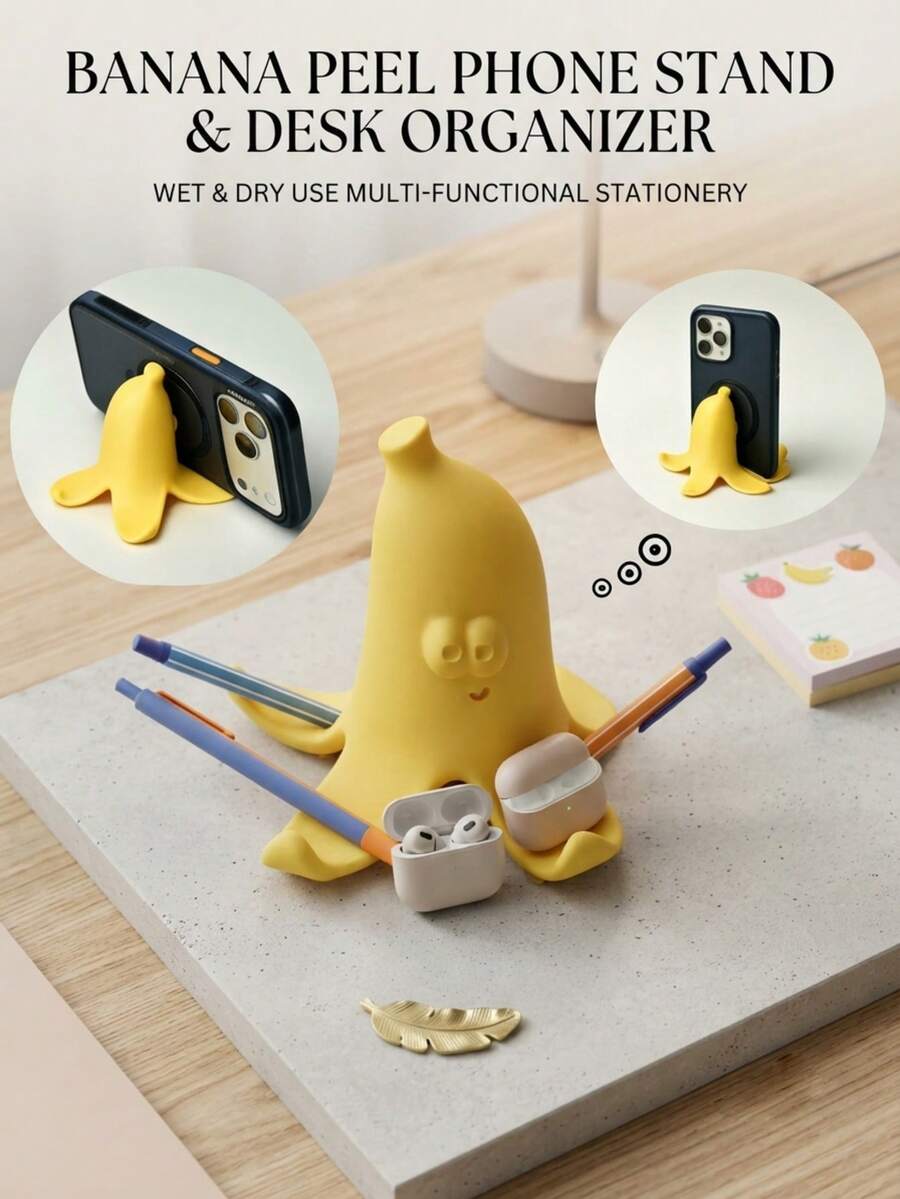 1pc Cute Banana Peel Phone Stand, Funny Cartoon Banana Peel Phone Holder, Portable Desktop Phone Holder, Creative Desktop Decor Small Gift - Banana Peel - View 1