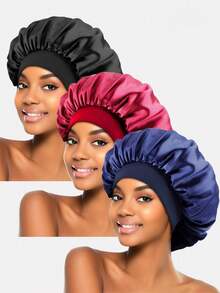 1/3pcs Women's Multi-Color Satin Wide Brim Sleep Cap, Suitable For Daily Use - Multicolor - View 7