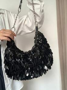 Dedoo 女款晚宴單肩包，流蘇亮片圖案，拉鍊開合，華麗波希米亞閃亮風格，適合派對、婚禮、舞會、夜店 - 黑色 - 查看 5
