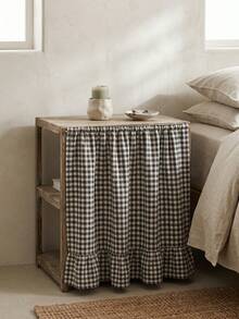 1pc Black & White Plaid Table Skirt, Modern Minimalist Style, Rectangular With Ruffle Edge And Pleated Details, Concealing Storage And Decorative Function, Suitable For Kitchen Island And Home Decor - Black - View 3