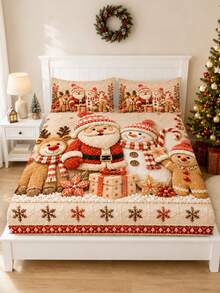 3pcs Christmas Cartoon Santa Claus Snowman Reindeer Print Bedding Set, (1PC Fitted Sheet + 2pcs Pillowcases, Pillow Inserts Not Included,) Polyester Digital Print, Cute Snowman Santa Claus Reindeer Penguin Theme Bedroom Decor, Machine Washable, Bedroom Holiday Home Textiles - Multi-color 1 - View 2