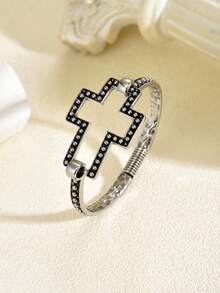 1pc Fashion Vintage Punk Gothic Style Alloy Open Cross Bracelet, Suitable For Women, Gift, Best Friend, Mother's Day, Daily Wear - Antique Silver - View 3