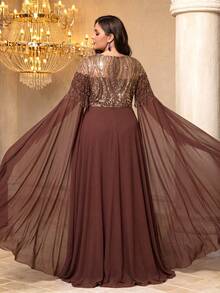 SUPGIR Women's Round Neck Flare Sleeve Sequin Patchwork Fitted Linen Evening Dress Wedding Party Fall - Coffee Brown - View 2