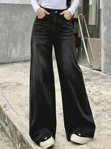 Teen Girl's Loose Washed Wide Leg Pants, Versatile For Daily Wear - Black - View 4