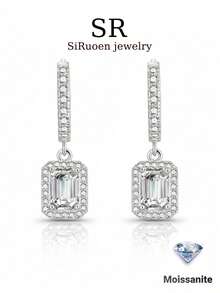 1 Pair Women's Wedding Earrings, 4.4g 925 Sterling Silver Pendant Rectangular Earrings With 1ct*2 Moissanite, Luxurious Bohemian Palace Style, Engagement, Wedding Anniversary, Valentine's Day Gift, Comes With Moissanite Certificate And Elegant Gift Box - Silver - View 1
