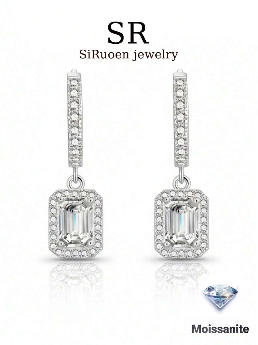 1 Pair Women's Wedding Earrings, 4.4g 925 Sterling Silver Pendant Rectangular Earrings With 1ct*2 Moissanite, Luxurious Bohemian Palace Style, Engagement, Wedding Anniversary, Valentine's Day Gift, Comes With Moissanite Certificate And Elegant Gift Box - Silver - View 1