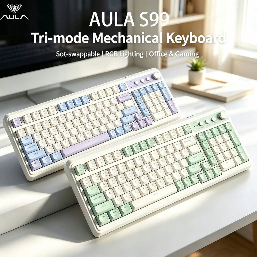 AULA S99 Wireless Mechanical Keyboard, 3 Modes (Bluetooth 5.0/USB-C/2.4GHz), Hot-Swappable Customizable Keycaps, RGB Backlight, Pre-Lubricated Linear Switches, Customizable Multimedia Knob, Compatible With PC, PS, Xbox, Tablet Gaming