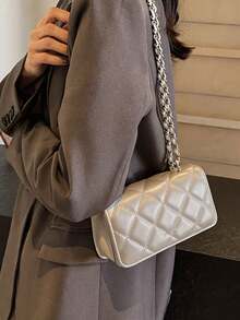 Mini New Diamond Quilted Chain Handbag, Simple Design Crossbody Bag, Commuter Shoulder Bag - Light Grey - View 5