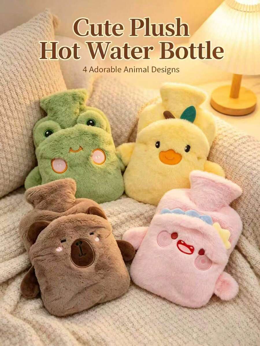 1pc 1000ml Neutral Cartoon Flocked Hot Water Bottle, Random Inner Color, Large Capacity, Refillable, Explosion-Proof & Leak-Proof, Detachable, Hand Warmer, Suitable For Winter Outdoor Camping, Travel, Home, Office, School, Dorm, Daily Use - Hot Water Bottle - View 1