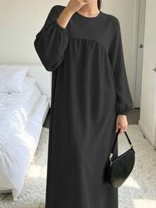 1pc New Plus Size Dress With Ruched Chest, Lantern Sleeve Design, Classic Versatile Abaya For Women's Daily Wear - Multicolor - View 7