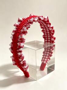 1pc Vintage Plaid Ruffled Hairband, Korean Style Checkered Fringe Headband Hair Accessories - Red - View 1