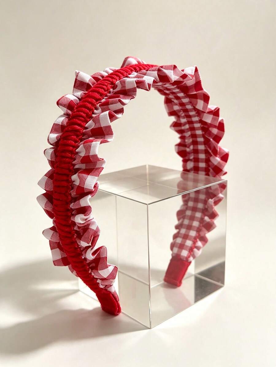 1pc Vintage Plaid Ruffled Hairband, Korean Style Checkered Fringe Headband Hair Accessories - Red - View 1