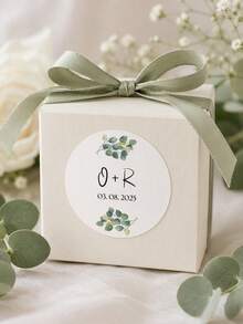 Personalized Round Wedding Stickers, Customized Couple Name & Date Labels, Minimalist Green Plant Design Favor Stickers, Wedding Invitation Decor, Anniversary Gift Stickers, Party Supplies, Exclusive Commemorative Cards, Customized Celebration Decor - Multicolor - View 2