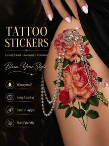 Red Rose Temporary Tattoo Stickers For Women, Elegant Floral Body Art Decals, Romantic Rose Flower Fake Tattoos, Luxury Botanical Tattoo Design, Waterproof Long Lasting Skin Decoration For Arm, Leg, Ankle, Shoulder - Multicolor - View 2