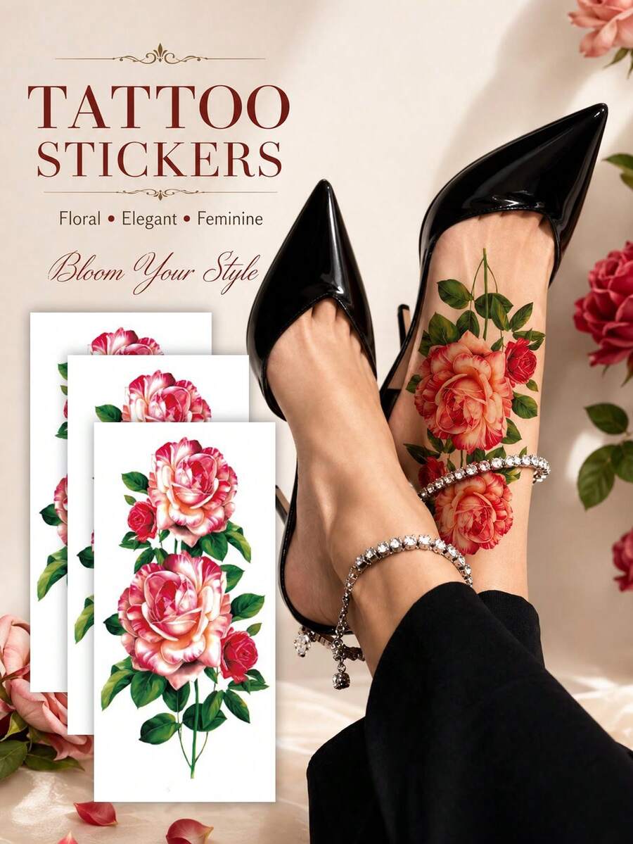 Red Rose Temporary Tattoo Stickers For Women, Elegant Floral Body Art Decals, Romantic Rose Flower Fake Tattoos, Luxury Botanical Tattoo Design, Waterproof Long Lasting Skin Decoration For Arm, Leg, Ankle, Shoulder - Multicolor - View 1