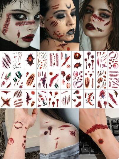 30PCS Mixed Halloween Scar Pattern Makeup Halloween Costume Party Gift Waterproof Face Tattoo Stickers