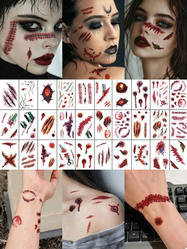 30PCS Mixed Halloween Scar Pattern Makeup Halloween Costume Party Gift Waterproof Face Tattoo Stickers
