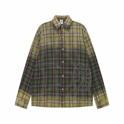 VALLEY Camisa Chaqueta de Manga Larga con Logo de Strass Estilo High Street Casual Unisex Degradado Retro a Cuadros para Hombres Streetwear Oversized con Botones