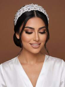 1pc Shiny Silver Rhinestone Headband With Elegant Lace Wide Band, Women's Hair Accessory For Celebration, Festival, Party And Daily Wear - White - View 2