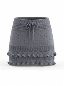 Korean Style Vintage Sweet Dark Gray Drawstring Ruffle A-Line Knit Mini Skirt, Versatile Design For Women Spring/Summer Fall - Dark Grey - View 6