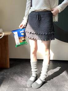 Korean Style Vintage Sweet Dark Gray Drawstring Ruffle A-Line Knit Mini Skirt, Versatile Design For Women Spring/Summer Fall - Dark Grey - View 4