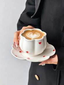 1 Set Minimalist Hand-Painted Heart Ceramic Coffee Cup & Saucer, Elegant Women's Afternoon Tea Cup & Matching Lace Plate, Suitable For Arabic Coffee, Various Teas, Gift-Giving, Personal Use, Coffee Brewing - Multicolor - View 2