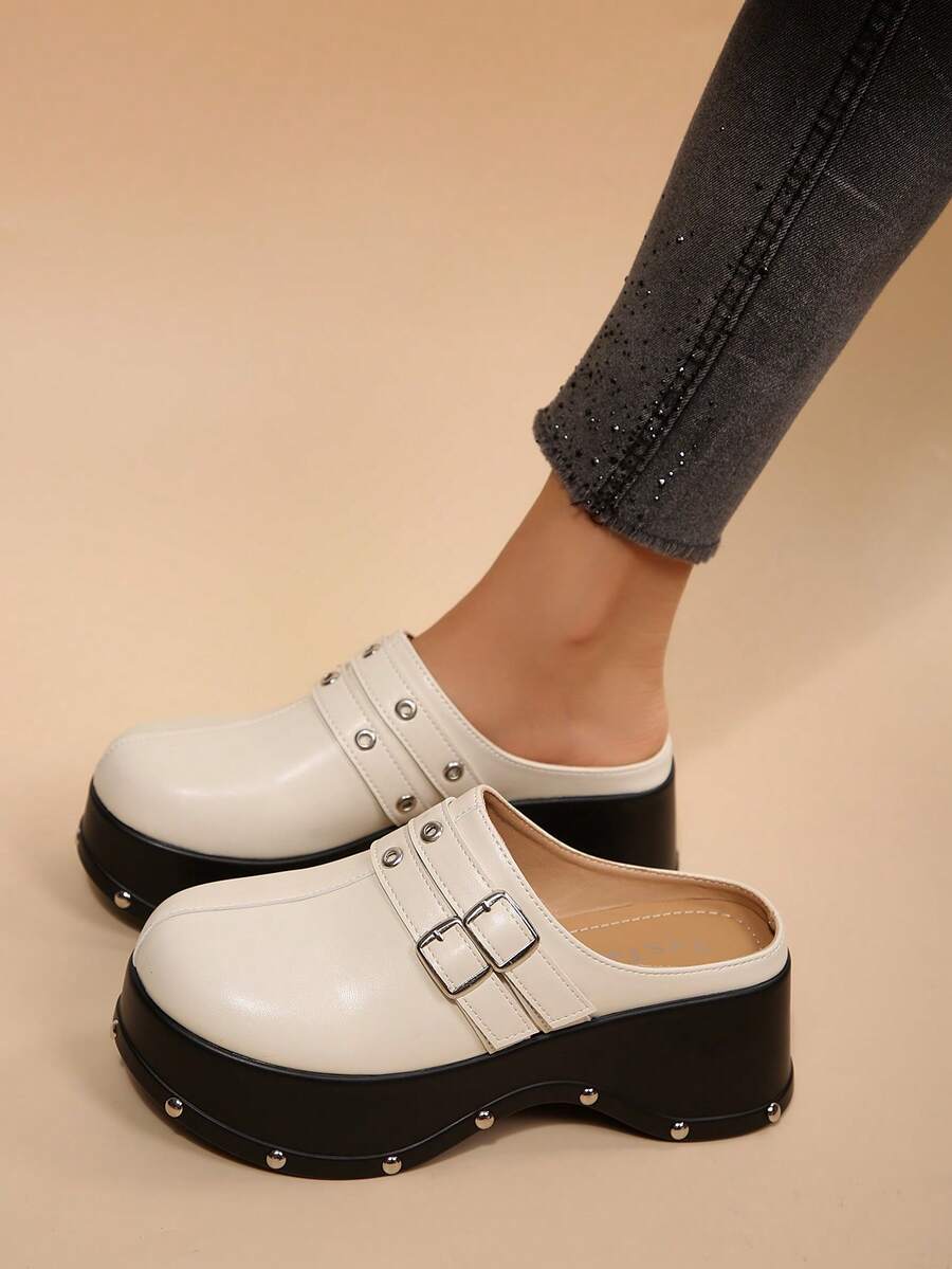 Metal Buckle Thick Sole Loafer Mule Slippers Studded Platform Closed Toe Slippers Women's Casual Slouchy Shoes - Off White - View 1