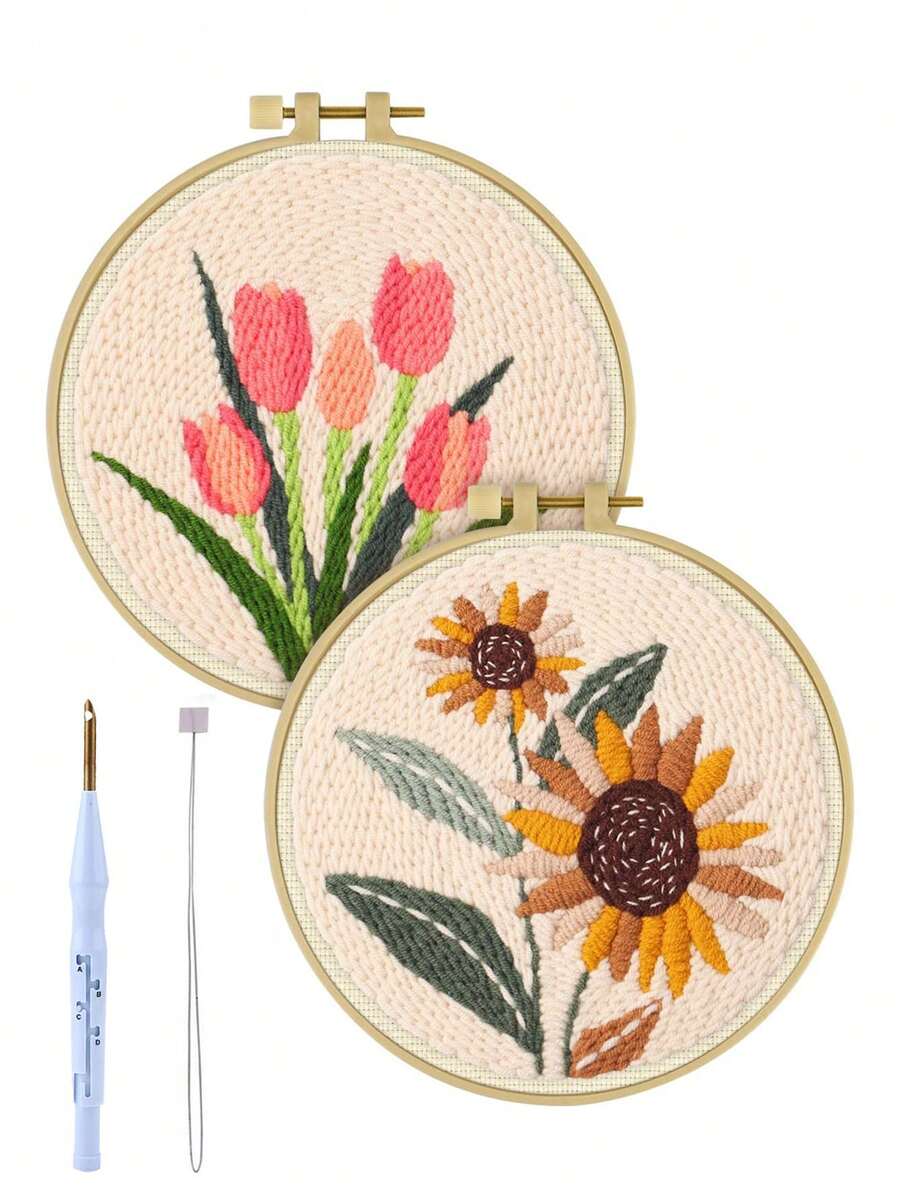 1 Set Adult & Beginner Embroidery Kit, DIY Simple Floral Embroidery Set, Suitable For Beginners, Handmade Art Craft, Handmade Floral Wall Hanging Set, Beginner Embroidery Room Decor Set, Suitable For Home Decor, Holiday Gift - Multiple Styles - View 1