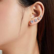 BAMOER 925 Sterling Silver Four Prong Round Cubic Zirconia Stud Earrings, Multi-Color Hypoallergenic Minimalist Ear Jewelry Gift For Women - Silver - View 3