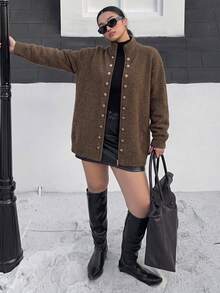 Maillard Brown Stand Collar Knitted Cardigan, Double-Breasted Metal Button Zipper Loose Short Wool Jacket - Brown - View 3