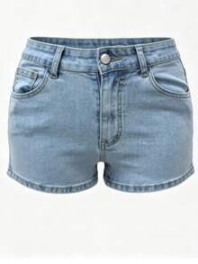 New Women's Casual Straight Leg Denim Shorts, Button Detail, Ankle Slit, Medium Stretch, Light Wash Blue Summer - Light Wash - View 10