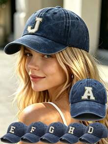 1pc Women's Washed Vintage A-Z Letter Baseball Cap, Casual Distressed Dad Hat, Outdoor Sun Protection Hat - Navy Blue - View 1