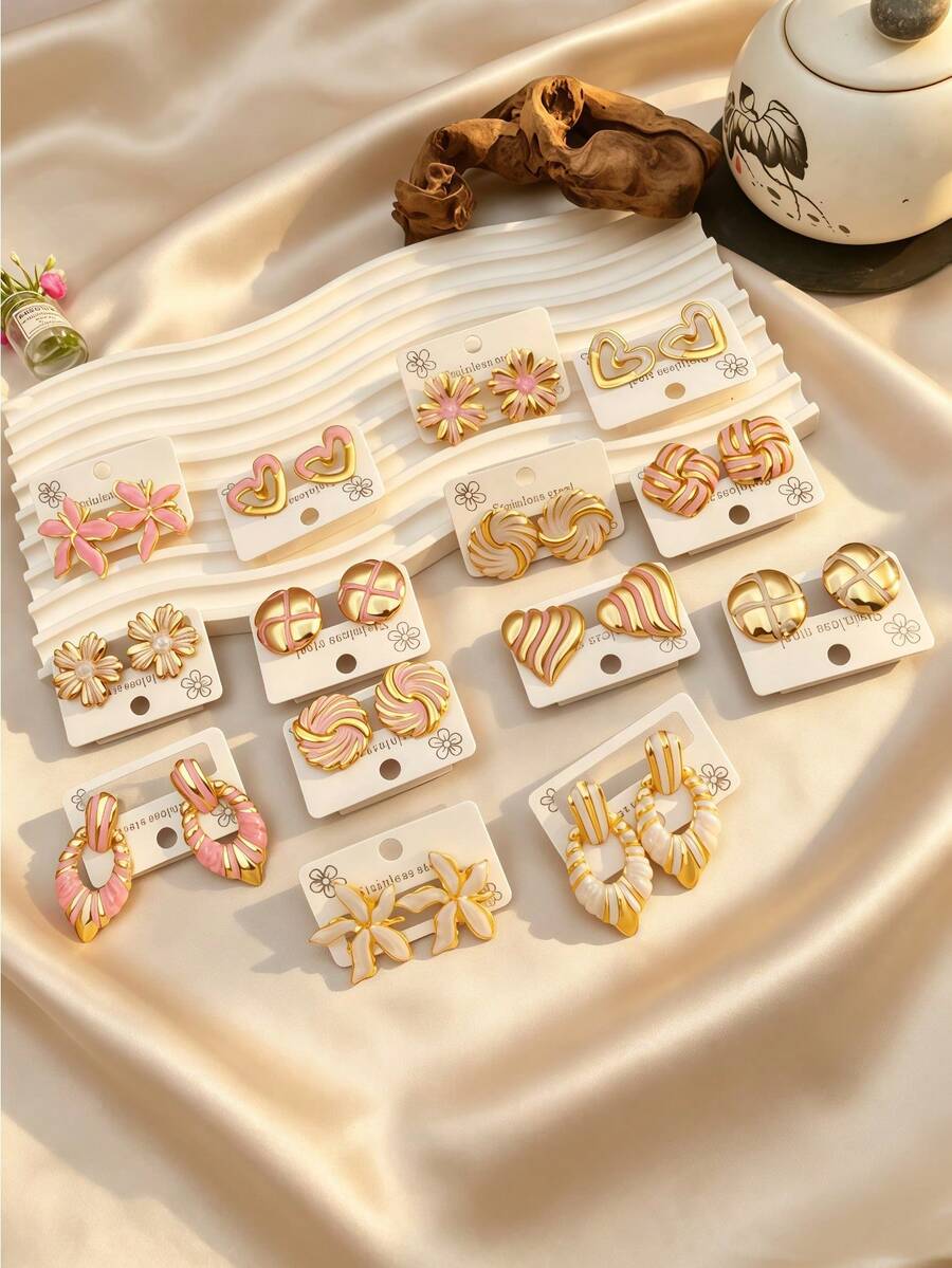 4/8/16/24pcs Cream White Gold Stainless Steel Earrings - Multicolor - View 1