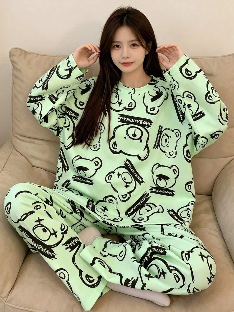 AICJ 女款全身卡通熊印花休閒睡衣套裝，長袖圓領上衣搭配長褲，舒適寬鬆版型，適合春秋冬季居家穿著 2 件套 - 綠色 - 查看 1