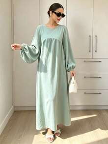 1pc New Plus Size Dress With Ruched Chest, Lantern Sleeve Design, Classic Versatile Abaya For Women's Daily Wear - Multicolor - View 3