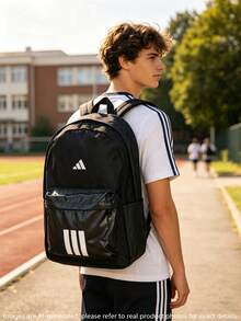Adidas 2026新款男女通用背包，ESS 3S BARS BP，学生日常通勤休闲背包 KQ7966 - 黑色/白色 - 查看 1