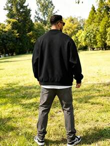 Men's Solid Color Zipper Baseball Jacket, Casual Long Sleeve Flight Jacket, Suitable For Running, Fitness, Outdoor Walking, Street Daily Wear Sports Jacket - Black - View 3
